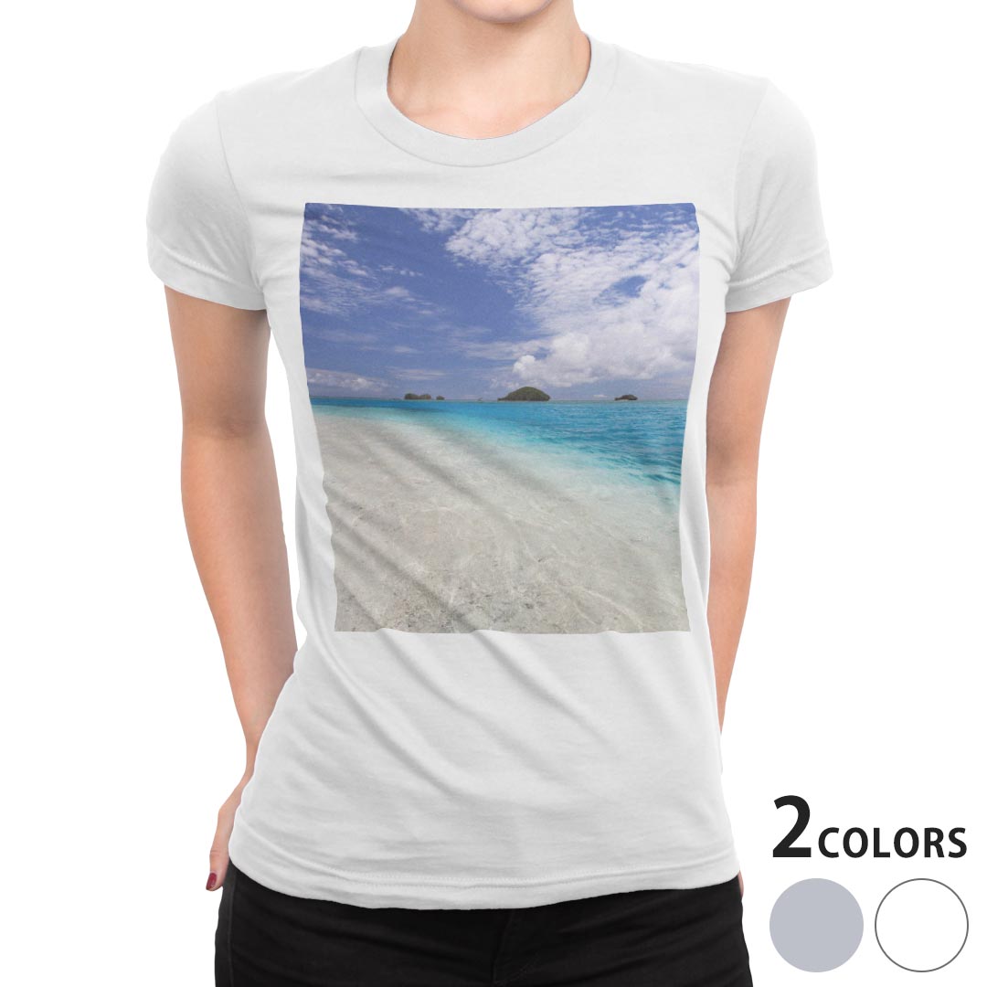 tシャツ レディース 半袖 白地 デザイン M L 白 ホワイト グレー Tシャツ ティーシャツ T shirt 011230 海 ビーチ リゾート