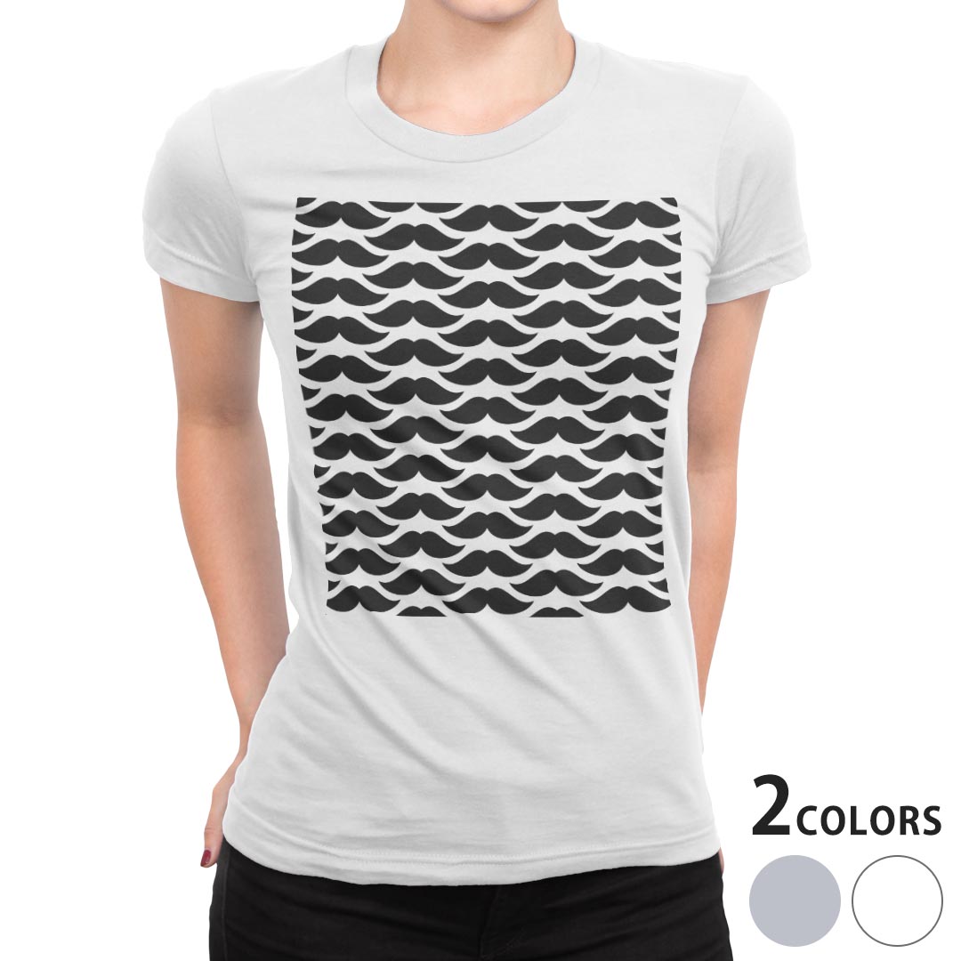 tシャツ レディース 半袖 白地 デザイン M L 白 ホワイト グレー Tシャツ ティーシャツ T shirt 011246 ひげ　模様　黒