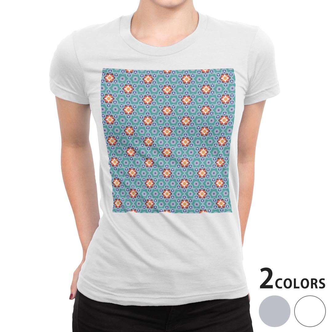 tシャツ レディース 半袖 白地 デザイン M L 白 ホワイト グレー Tシャツ ティーシャツ T shirt 011259 模様 万華鏡 緑