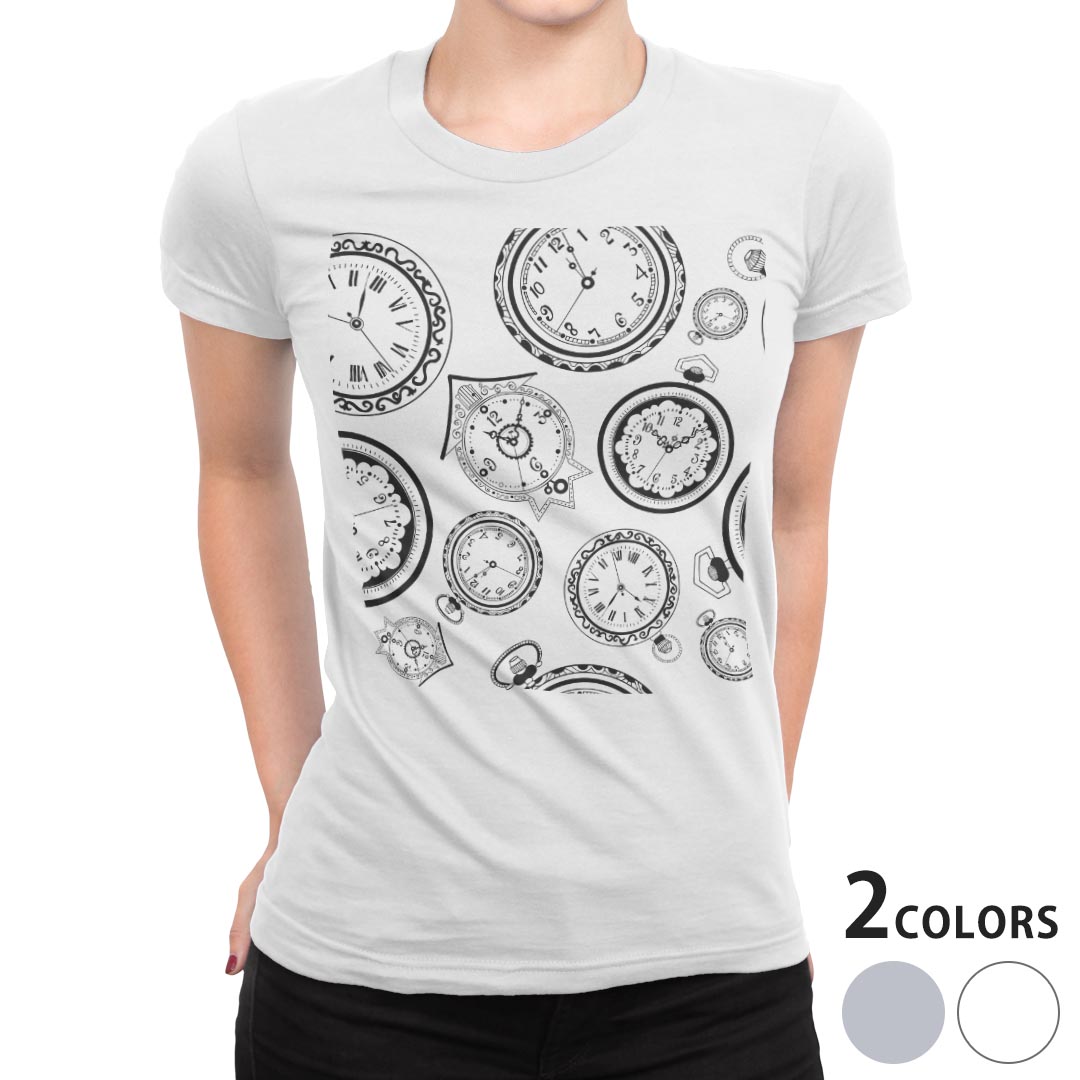 tシャツ レディース 半袖 白地 デザイン S M L XL Tシャツ ティーシャツ T shirt 011301 時計　レトロ　数字