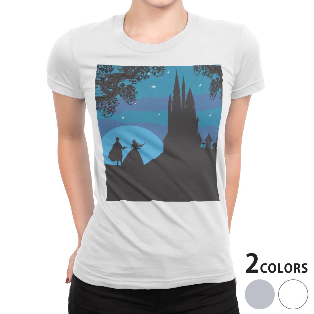 tシャツ レディース 半袖 白地 デザイン M L 白 ホワイト グレー Tシャツ ティーシャツ T shirt 011304 プリンセス カップル お城