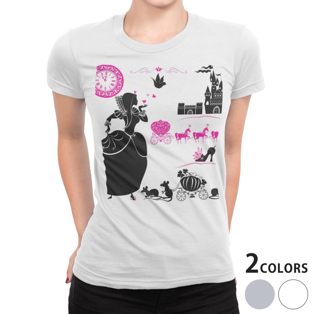 tシャツ レディース 半袖 白地 デザイン S M L XL Tシャツ ティーシャツ T shirt 011349 プリンセス　時計　ピンク