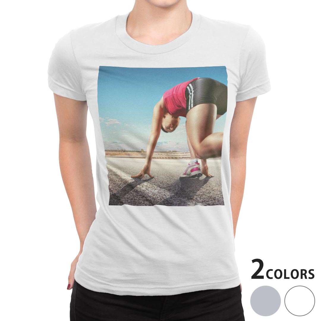 tシャツ レディース 半袖 白地 デザイン M L 白 ホワイト グレー Tシャツ ティーシャツ T shirt 011436 陸上　スポーツ　写真