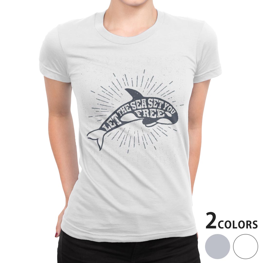 tシャツ レディース 半袖 白地 デザイン S M L XL Tシャツ ティーシャツ T shirt 011448 海　生き物　イルカ