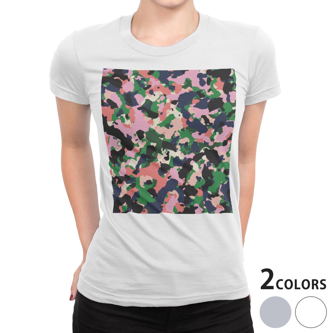 tシャツ レディース 半袖 白地 デザイン M L 白 ホワイト グレー Tシャツ ティーシャツ T shirt 011572 迷彩　模様　カモフラ(4.0)