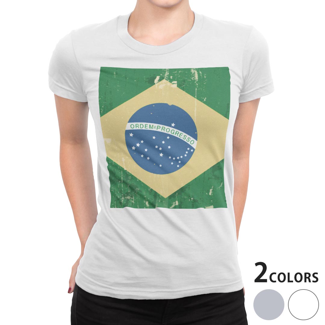 tシャツ レディース 半袖 白地 デザイン M L 白 ホワイト グレー Tシャツ ティーシャツ T shirt 011614 ブラジル 外国 国旗