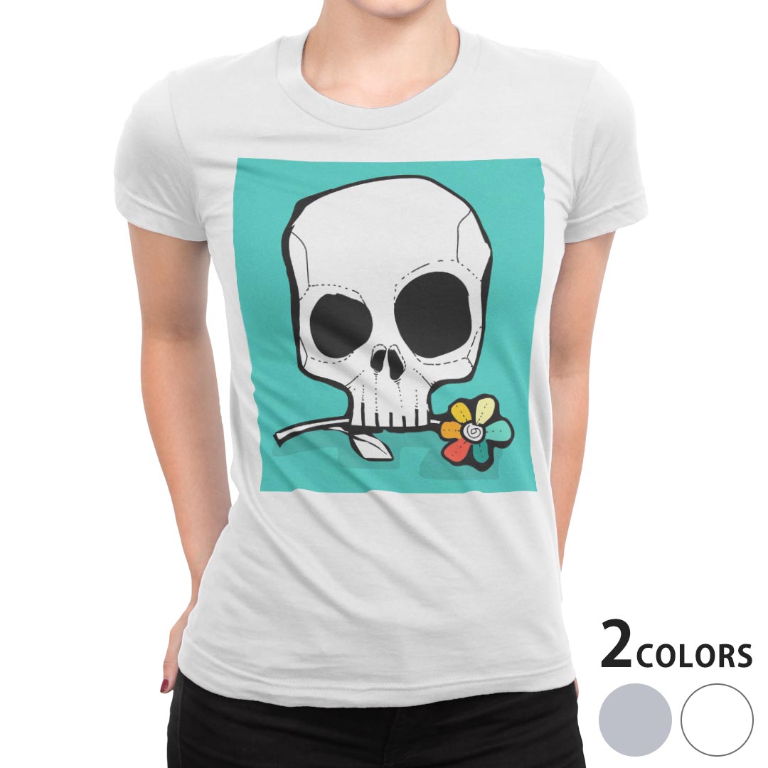 tシャツ レディース 半袖 白地 デザイン M L 白 ホワイト グレー Tシャツ ティーシャツ T shirt 011767 骸骨　ドクロ　花