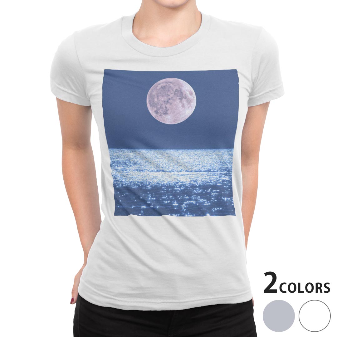 tシャツ レディース 半袖 白地 デザイン M L 白 ホワイト グレー Tシャツ ティーシャツ T shirt 011787 月　海　夜 kabekore-11245800 kabeコレ パッケージ画像