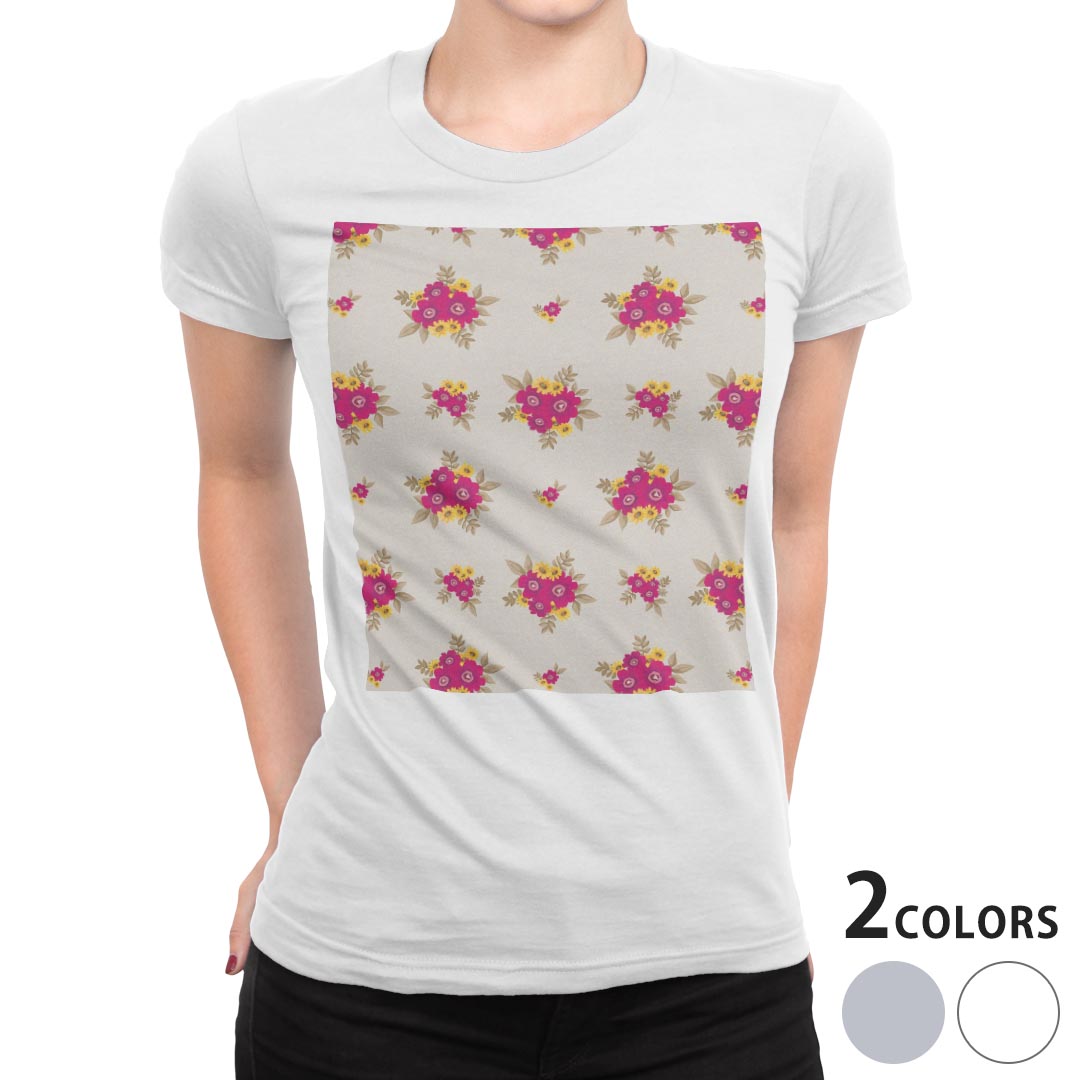 tシャツ レディース 半袖 白地 デザイン M L 白 ホワイト グレー Tシャツ ティーシャツ T shirt 011799 花　フラワー　ピンク