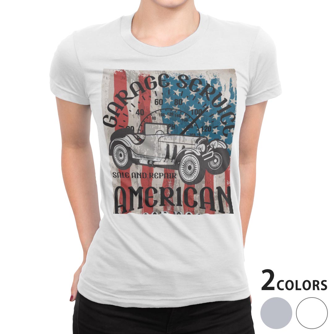 tシャツ レディース 半袖 白地 デザイン M L 白 ホワイト グレー Tシャツ ティーシャツ T shirt 011910 アメリカ　車　英字(4.0)