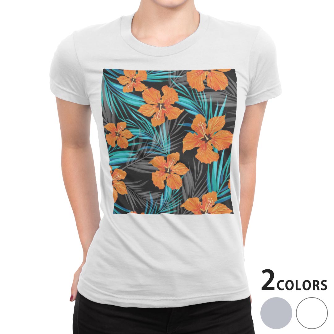 tシャツ レディース 半袖 白地 デザイン M L 白 ホワイト グレー Tシャツ ティーシャツ T shirt 012044 ハイビスカス 花 植物
