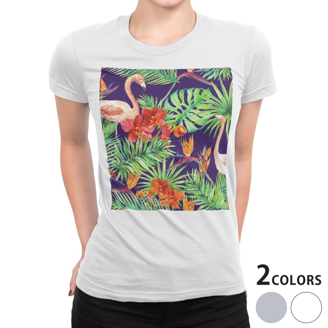 tシャツ レディース 半袖 白地 デザイン M L 白 ホワイト グレー Tシャツ ティーシャツ T shirt 012115 フラミンゴ　ハイビスカス　植物