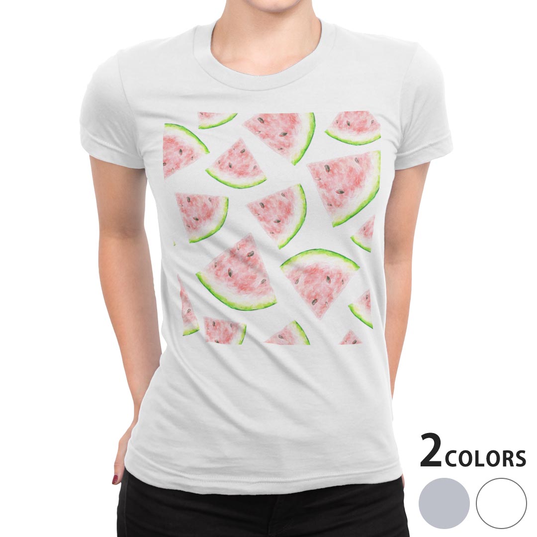 tシャツ レディース 半袖 白地 デザイン M L 白 ホワイト グレー Tシャツ ティーシャツ T shirt 012205 スイカ 果物 夏
