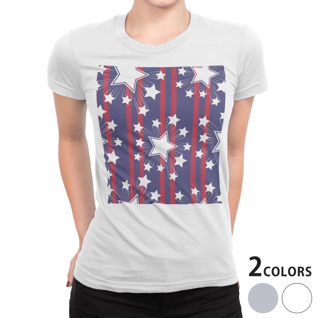 tシャツ レディース 半袖 白地 デザイン M L 白 ホワイト グレー Tシャツ ティーシャツ T shirt 012337 ストライプ 星 青