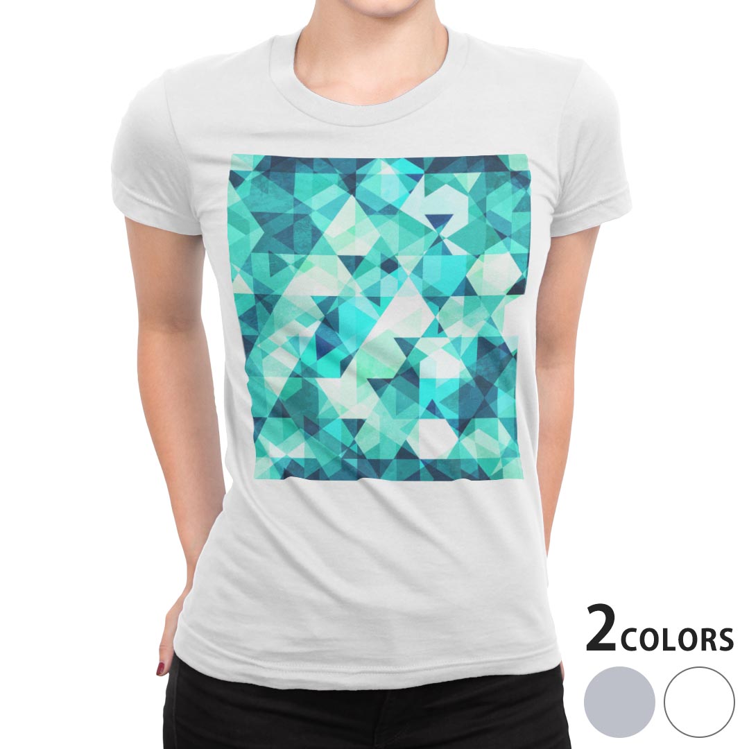 tシャツ レディース 半袖 白地 デザイン M L 白 ホワイト グレー Tシャツ ティーシャツ T shirt 012346 青　三角　柄