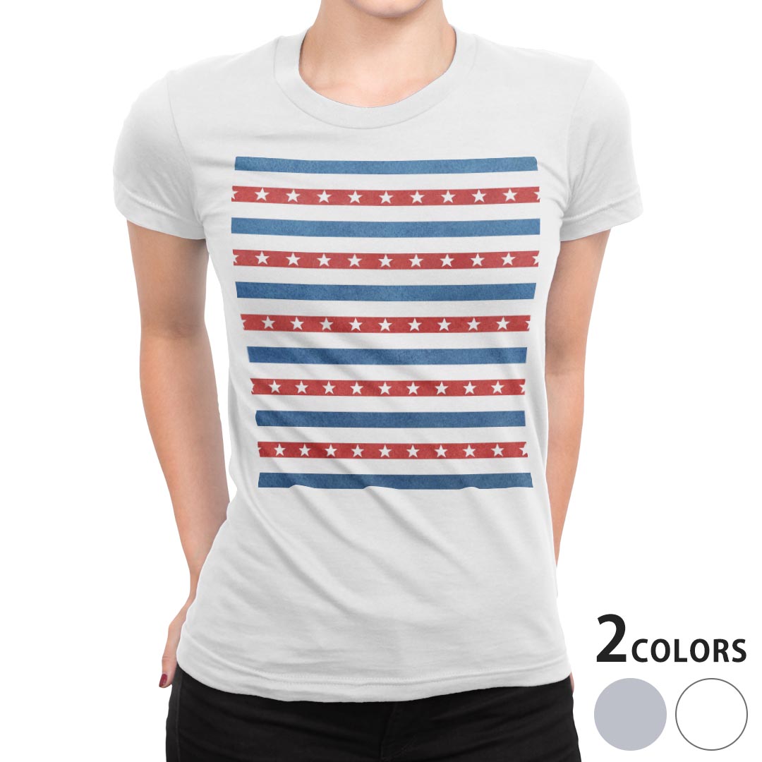 tシャツ レディース 半袖 白地 デザイン M L 白 ホワイト グレー Tシャツ ティーシャツ T shirt 012373 ボーダー 星 赤