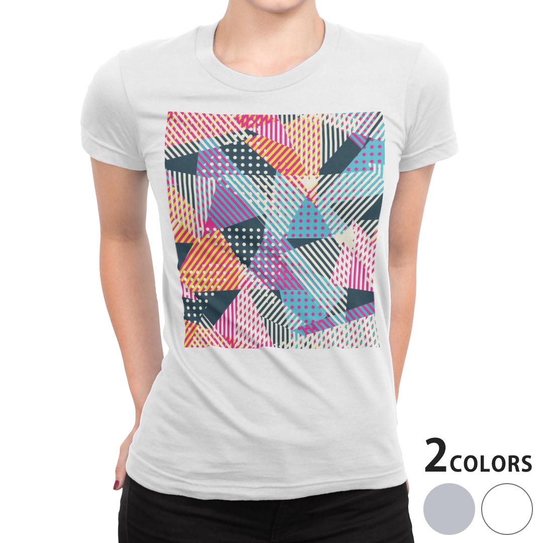 tシャツ レディース 半袖 白地 デザイン M L 白 ホワイト グレー Tシャツ ティーシャツ T shirt 012431 ドット ボーダー 三角