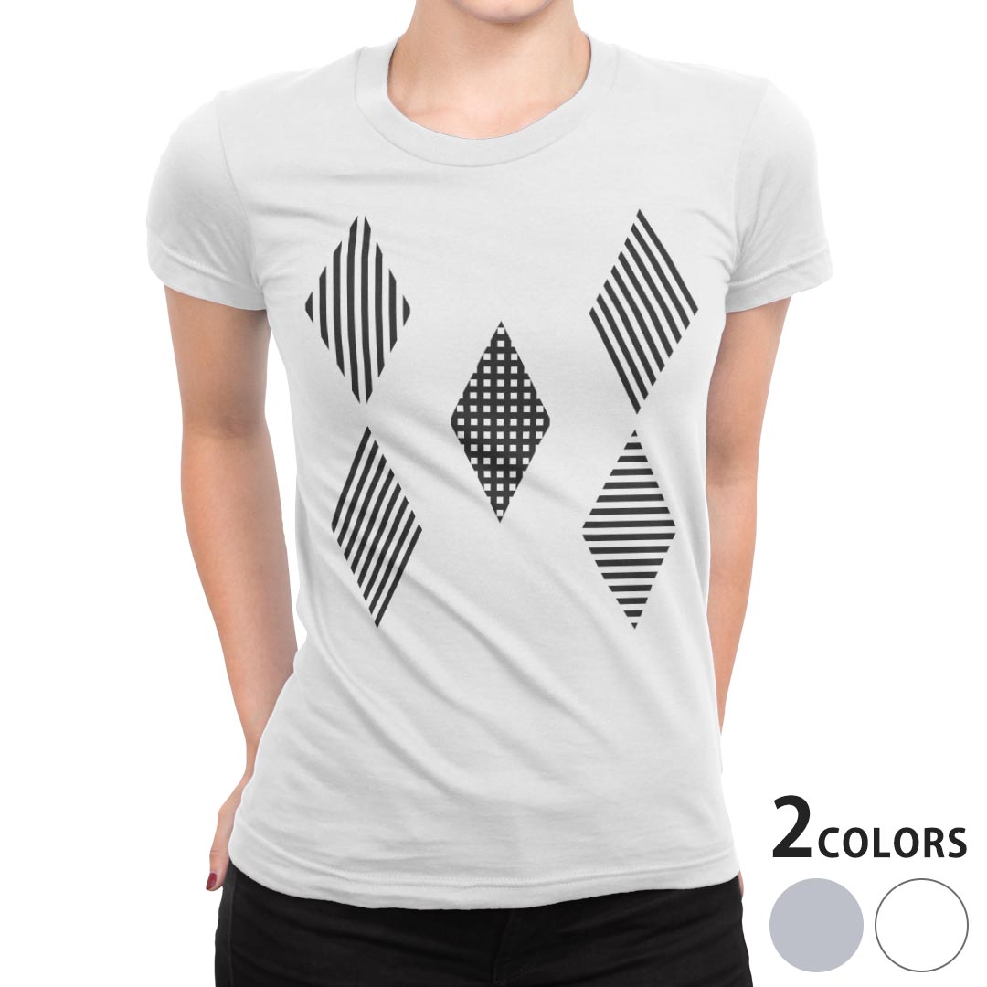 tシャツ レディース 半袖 白地 デザイン M L 白 ホワイト グレー Tシャツ ティーシャツ T shirt 012435 ダイア ボーダー モノトーン