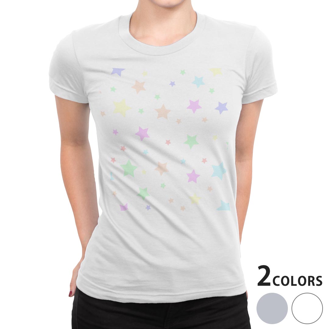 tシャツ レディース 半袖 白地 デザイン S M L XL Tシャツ ティーシャツ T shirt 012487 ストライプ　星　パステル
