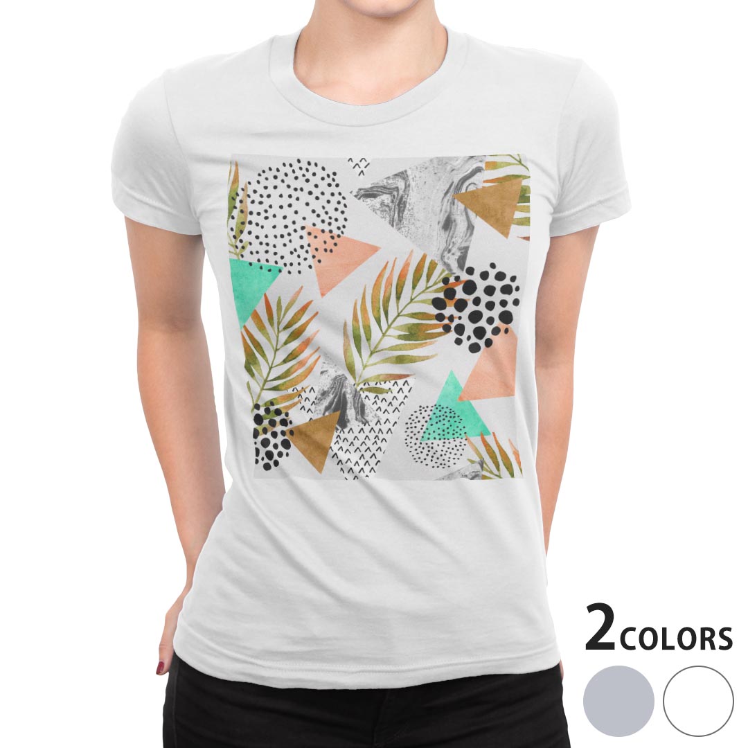 tシャツ レディース 半袖 白地 デザイン M L 白 ホワイト グレー Tシャツ ティーシャツ T shirt 012595 葉　植物　柄