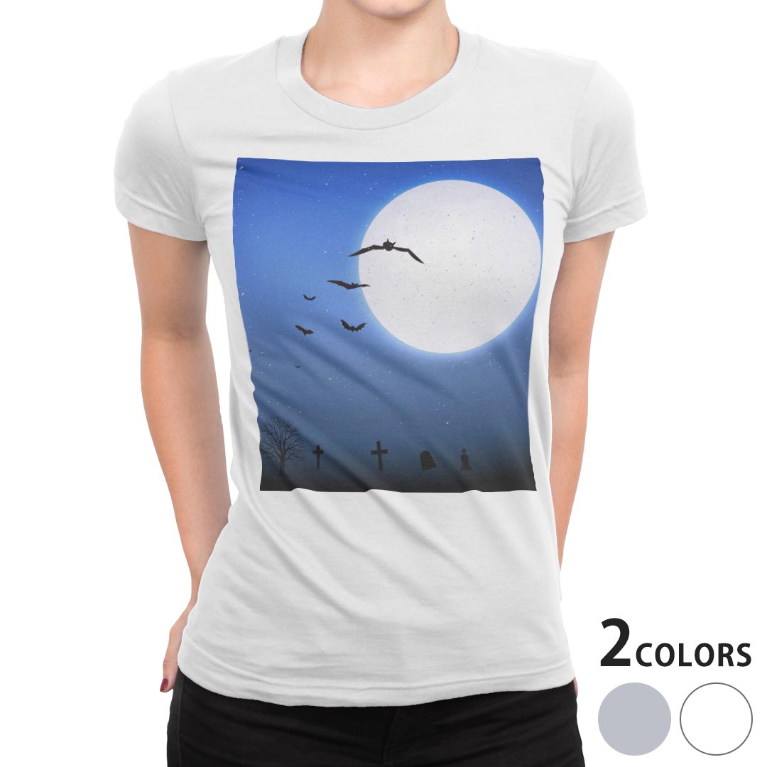 tシャツ レディース 半袖 白地 デザイン M L 白 ホワイト グレー Tシャツ ティーシャツ T shirt 012732 ハロウィン　月　コウモリ