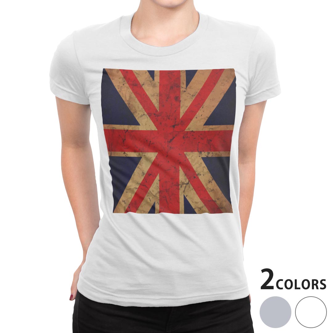 tシャツ レディース 半袖 白地 デザイン M L 白 ホワイト グレー Tシャツ ティーシャツ T shirt 012778 ユニオンジャック　イギリス　レトロ