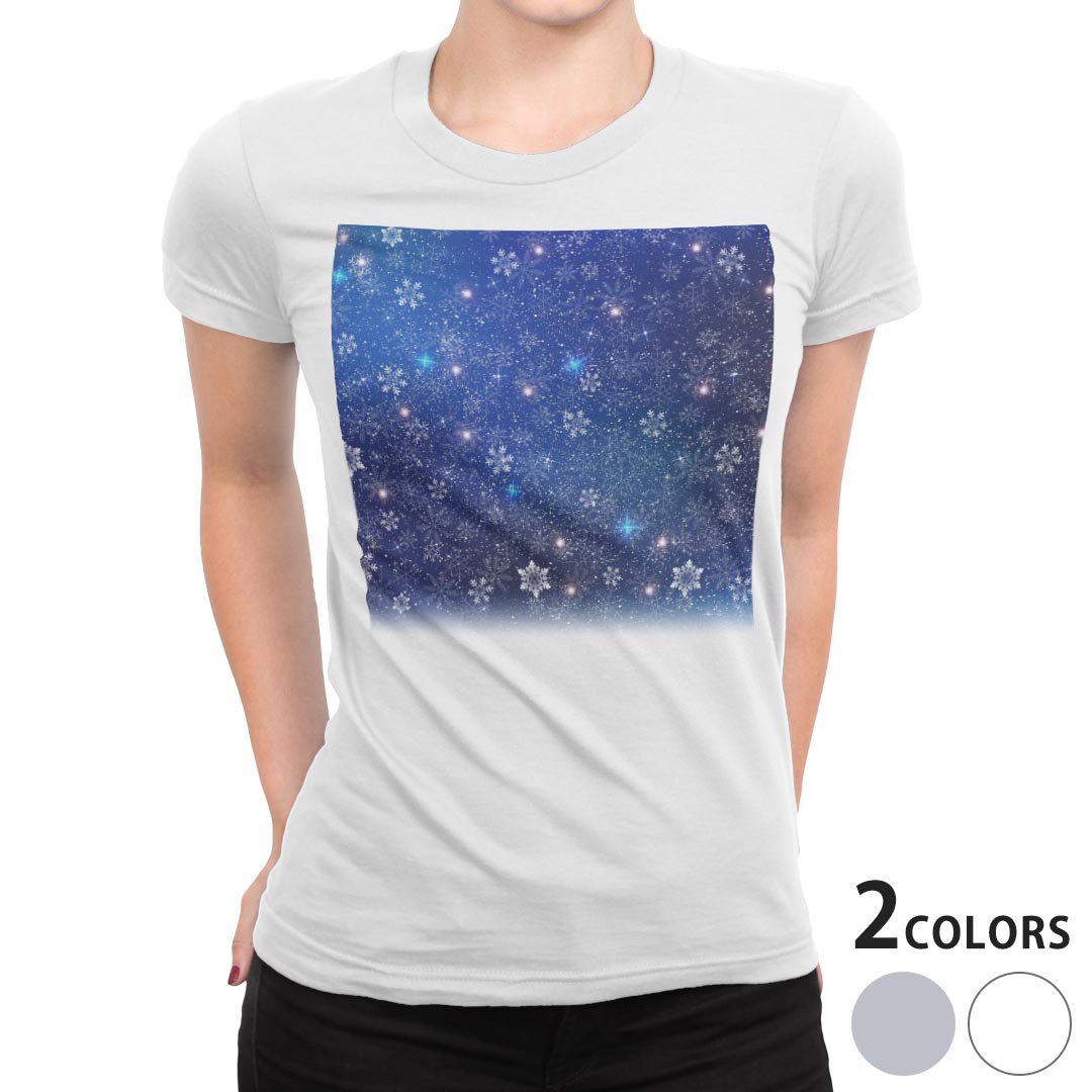 tシャツ レディース 半袖 白地 デザイン M L 白 ホワイト グレー Tシャツ ティーシャツ T shirt 012824 空 夜空 雪