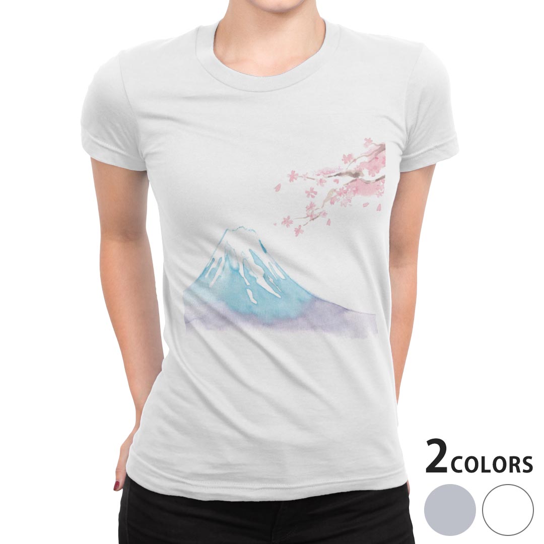 tシャツ レディース 半袖 白地 デザイン M L 白 ホワイト グレー Tシャツ ティーシャツ T shirt 012914 富士山 桜 日本