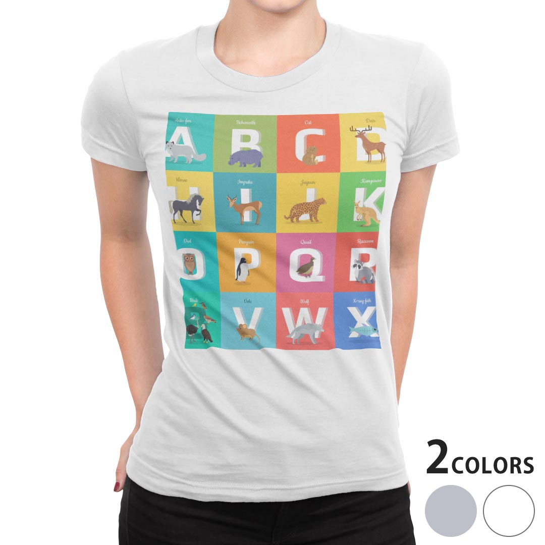 tシャツ レディース 半袖 白地 デザイン M L 白 ホワイト グレー Tシャツ ティーシャツ T shirt 012997 アルファベット　英語　動物