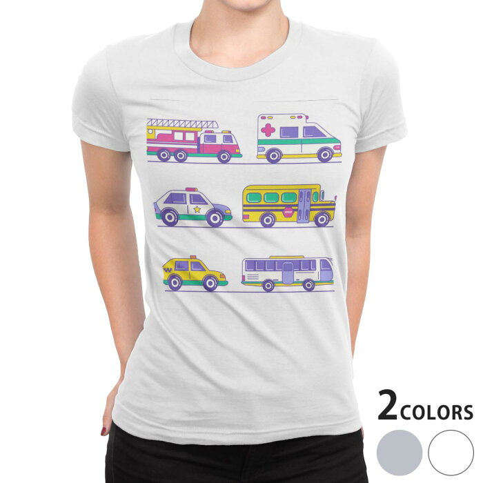 tシャツ レディース 半袖 白地 デザイン S M L XL Tシャツ ティーシャツ T shirt 013206 乗り物　救急車　パトカー