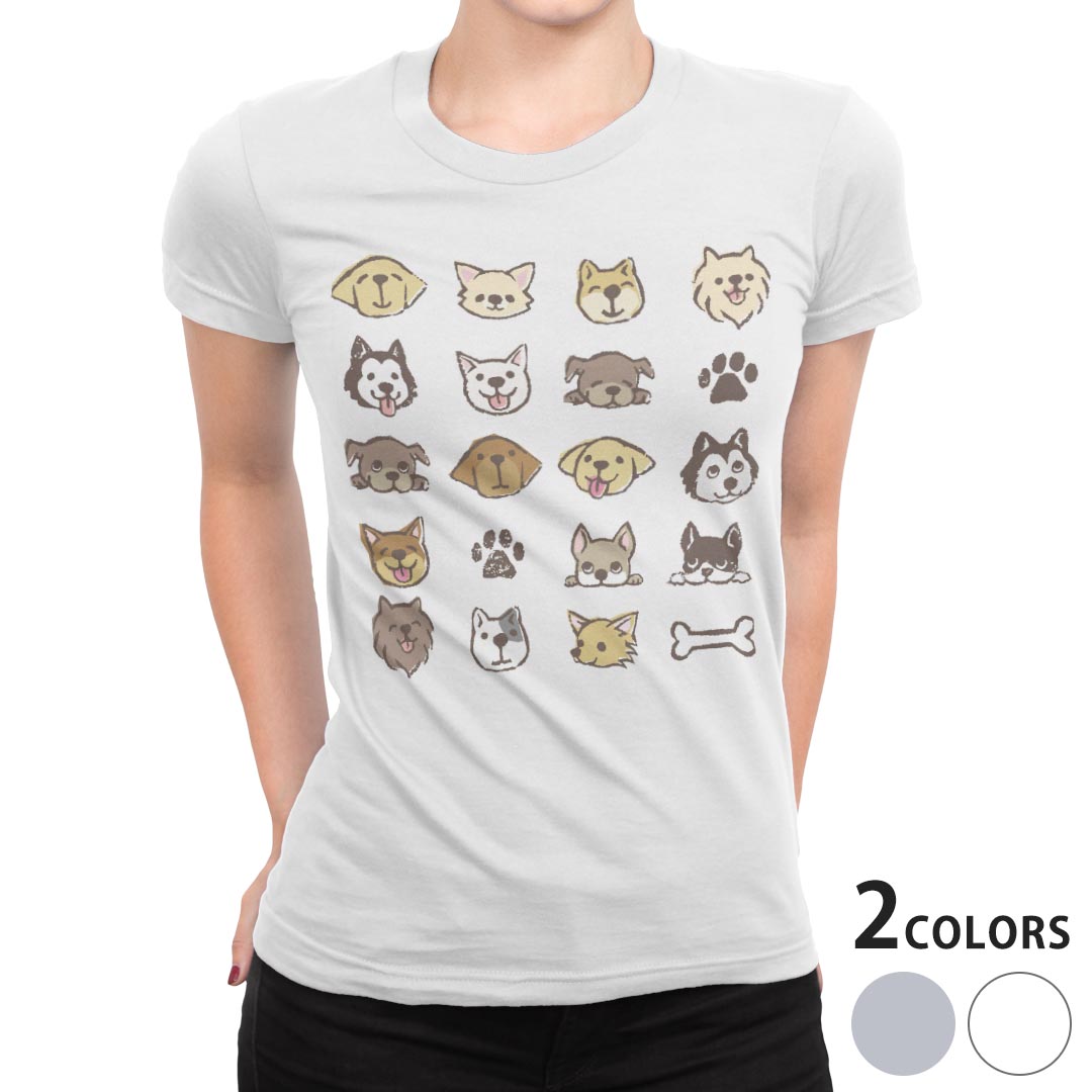 tシャツ レディース 半袖 白地 デザイン M L 白 ホワイト グレー Tシャツ ティーシャツ T shirt 013343 犬 動物 ペット