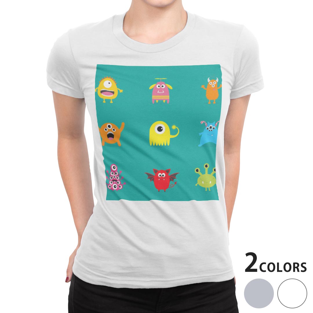tシャツ レディース 半袖 白地 デザイン M L 白 ホワイト グレー Tシャツ ティーシャツ T shirt 013455 おばけ モンスター イラスト