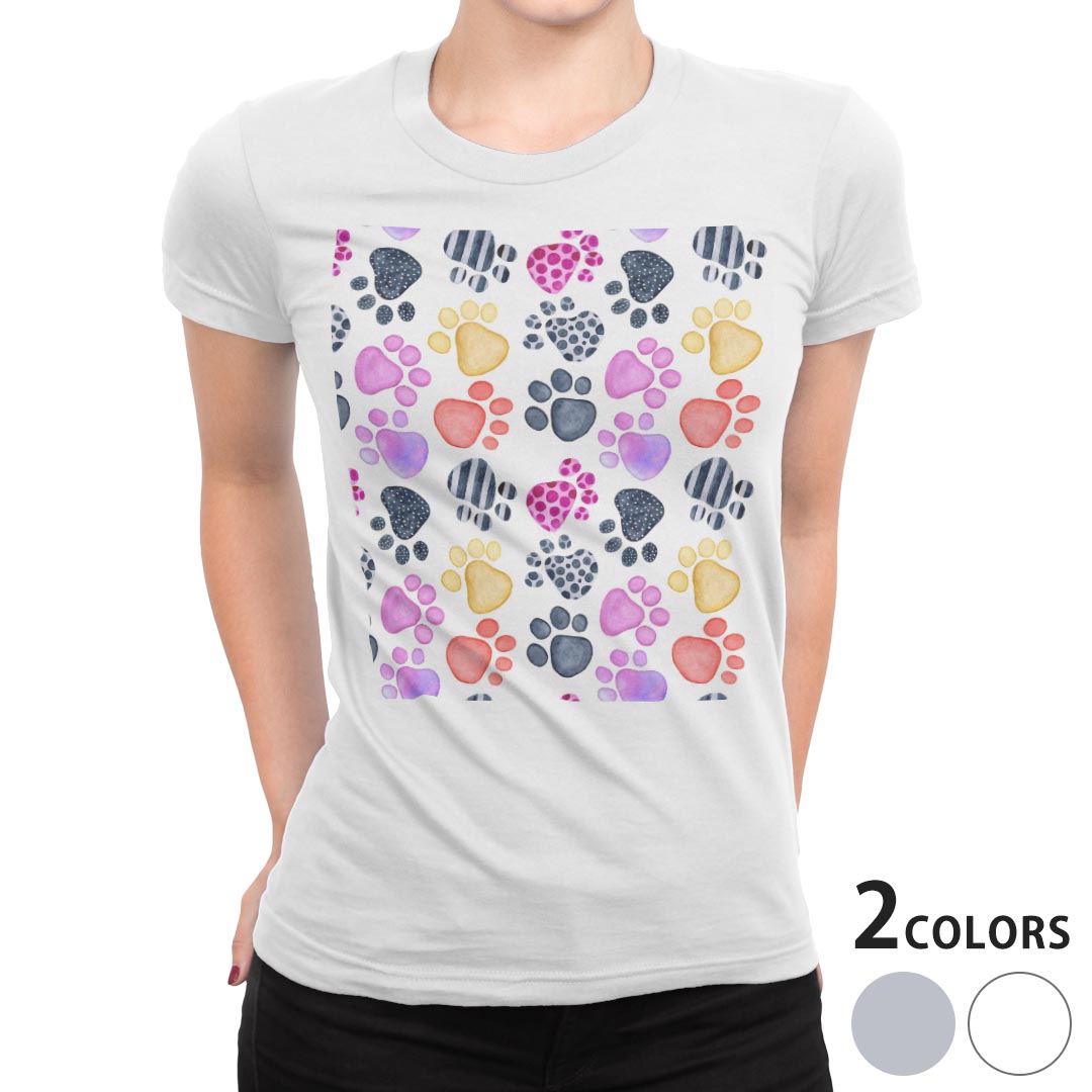 tシャツ レディース 半袖 白地 デザイン M L 白 ホワイト グレー Tシャツ ティーシャツ T shirt 013497 犬　足跡　動物 kabekore-10508068 kabeコレ パッケージ画像