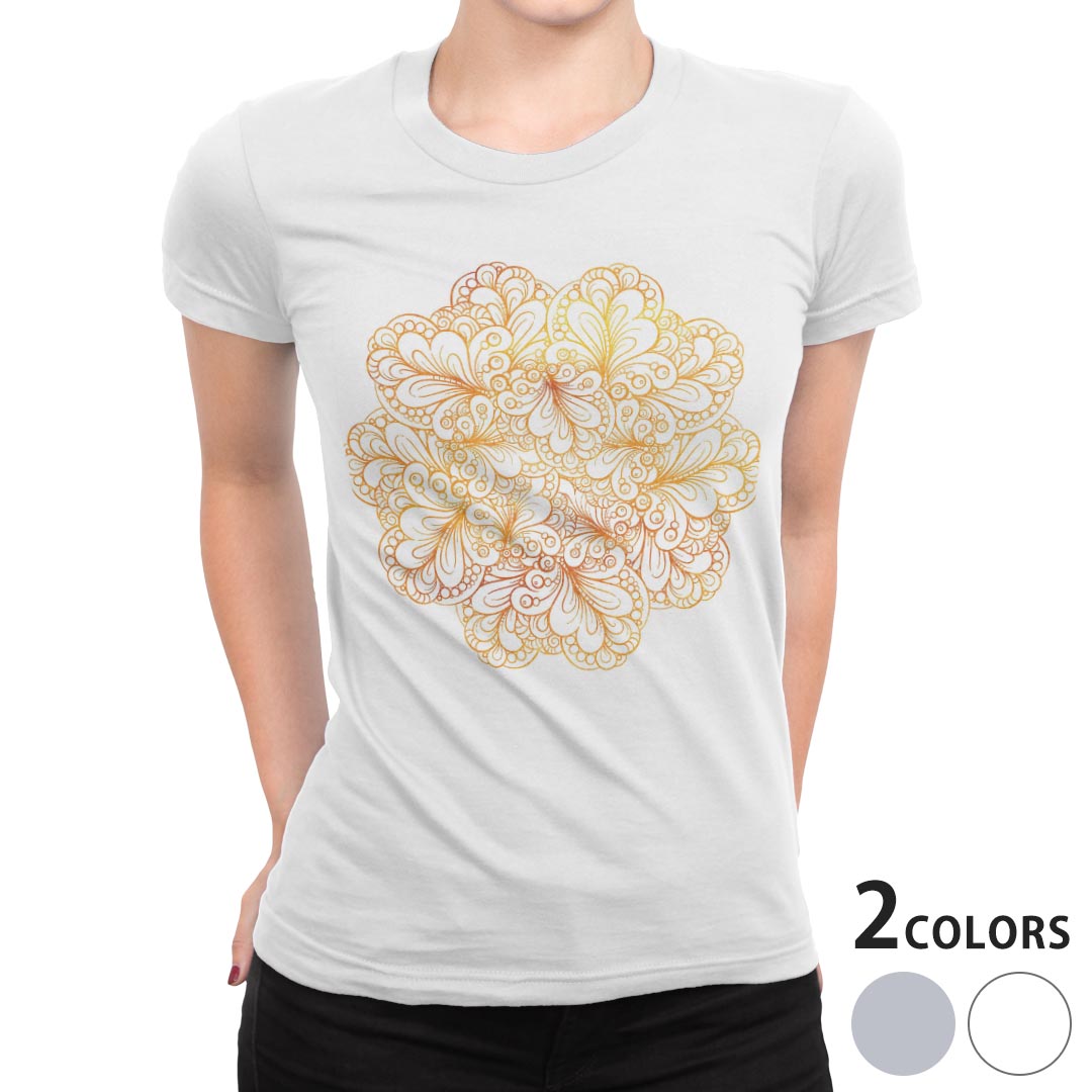 tシャツ レディース 半袖 白地 デザイン M L 白 ホワイト グレー Tシャツ ティーシャツ T shirt 013607 花 オレンジ サイケデリック