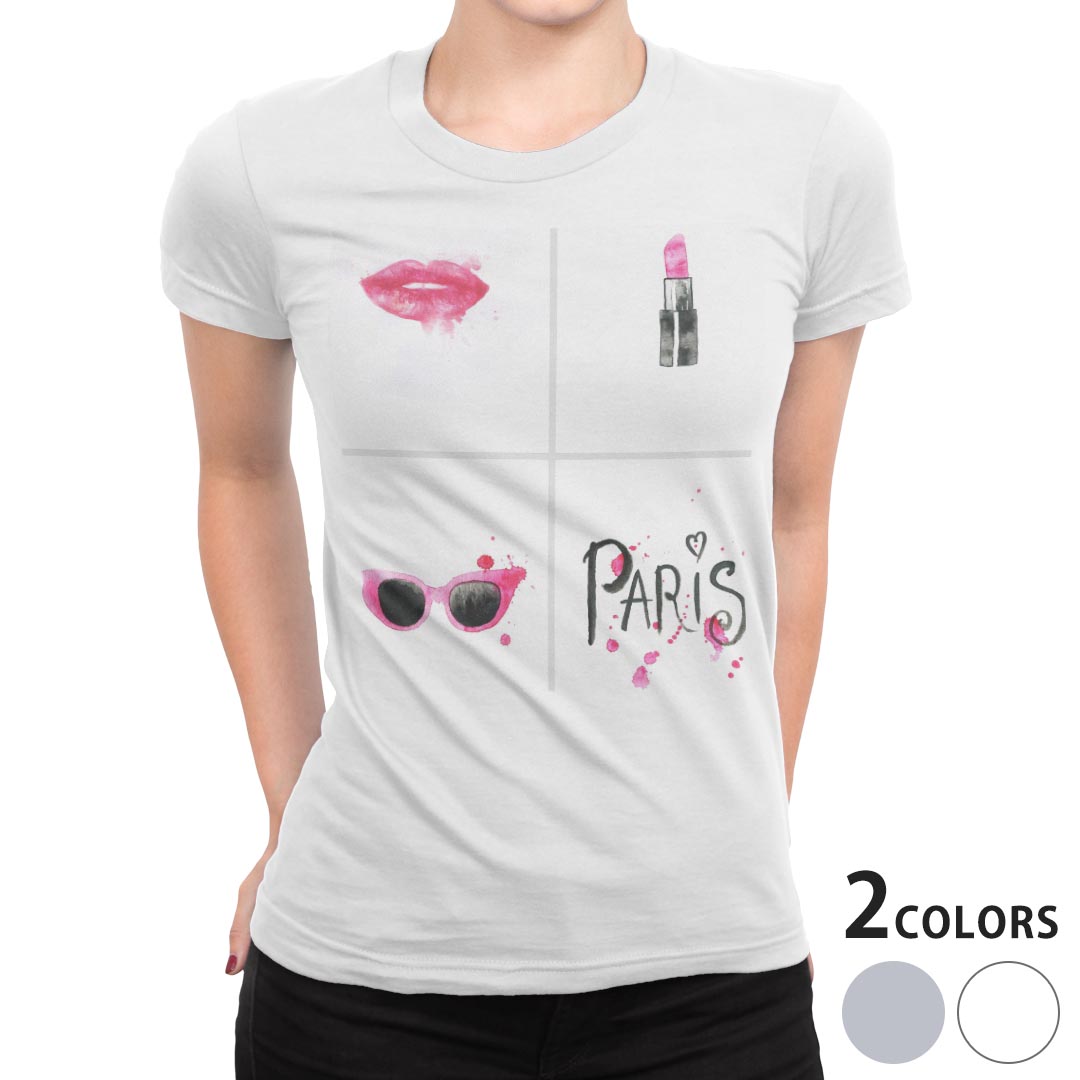 tシャツ レディース 半袖 白地 デザイン M L 白 ホワイト グレー Tシャツ ティーシャツ T shirt 013710 ガーリー　メイク　リップ