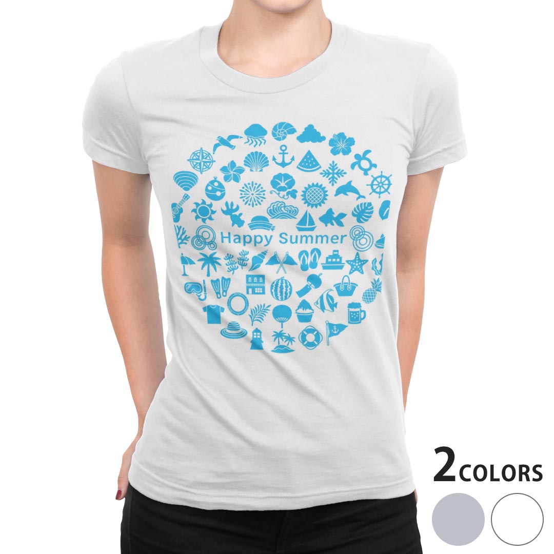 tシャツ レディース 半袖 白地 デザイン M L 白 ホワイト グレー Tシャツ ティーシャツ T shirt 013746 夏　海　イラスト