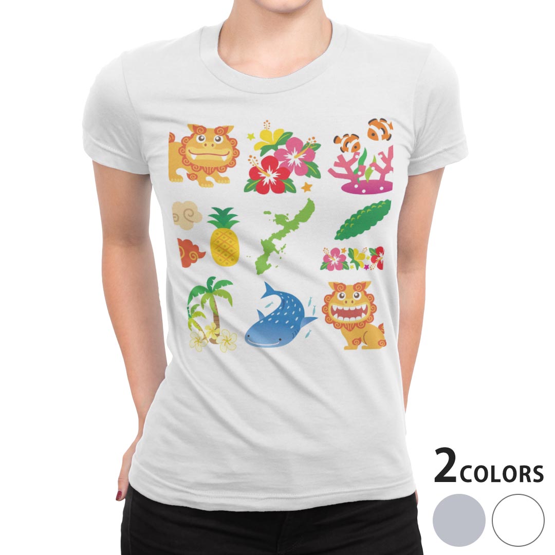 tシャツ レディース 半袖 白地 デザイン M L 白 ホワイト グレー Tシャツ ティーシャツ T shirt 013766 シーサー 沖縄 ハイビスカス