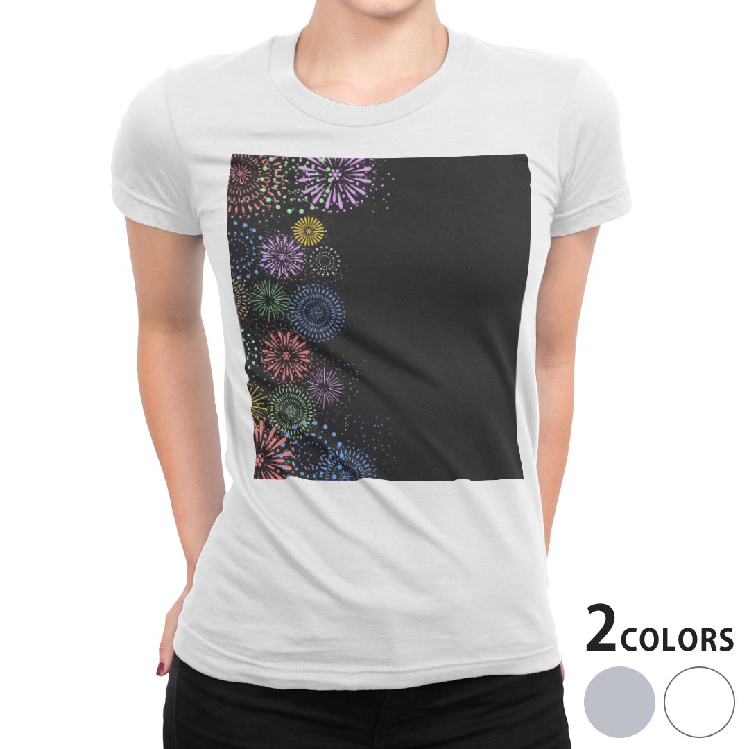 tシャツ レディース 半袖 白地 デザイン M L 白 ホワイト グレー Tシャツ ティーシャツ T shirt 013799 花火 カラフル