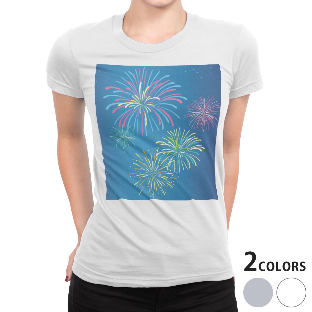 tシャツ レディース 半袖 白地 デザイン M L 白 ホワイト グレー Tシャツ ティーシャツ T shirt 013802 花火 カラフル