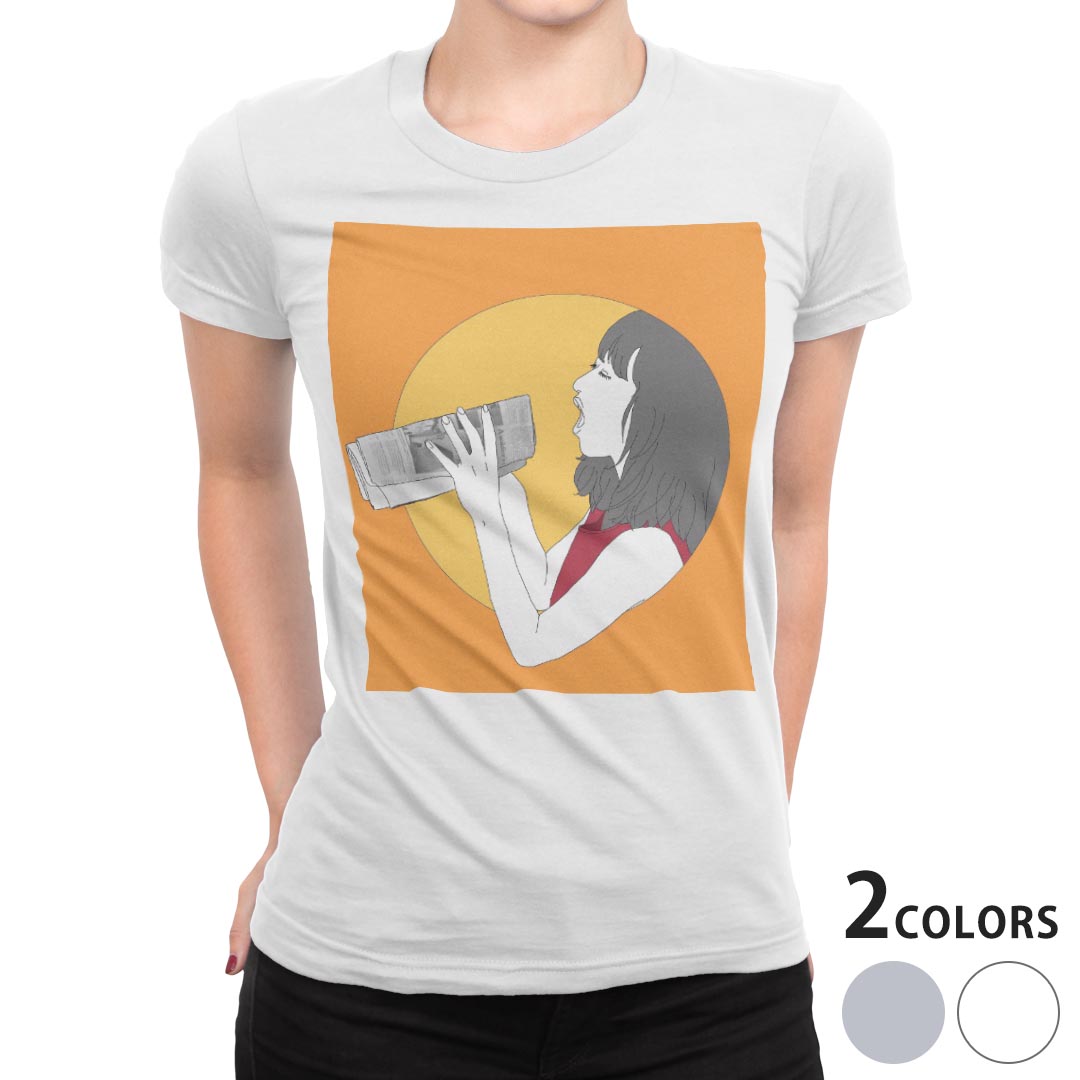 tシャツ レディース 半袖 白地 デザイン M L 白 ホワイト グレー Tシャツ ティーシャツ T shirt 014026 人物　オレンジ