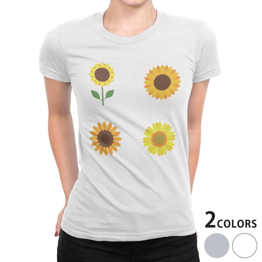 tシャツ レディース 半袖 白地 デザイン M L 白 ホワイト グレー Tシャツ ティーシャツ T shirt 014094 ひまわり 夏 花