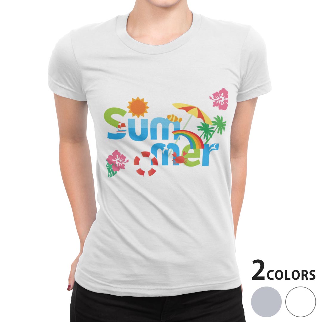 tシャツ レディース 半袖 白地 デザイン M L 白 ホワイト グレー Tシャツ ティーシャツ T shirt 014118 夏　ハイビスカス　海