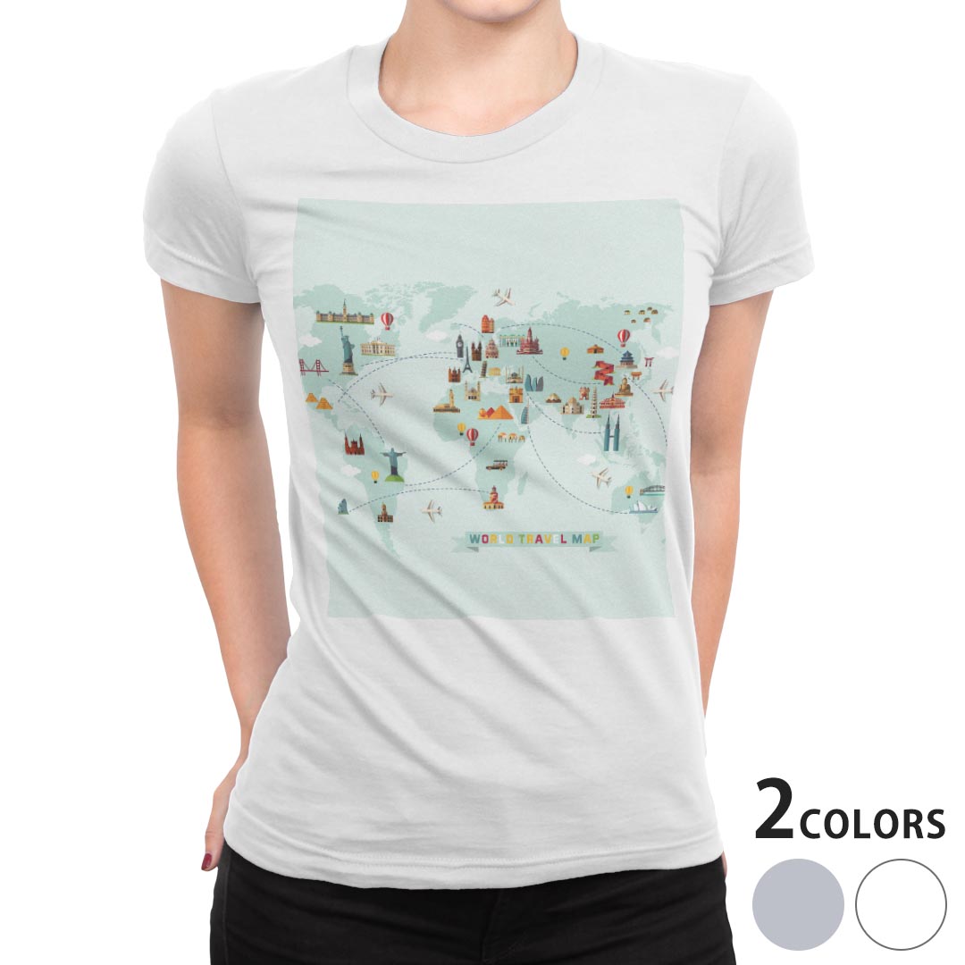 tシャツ レディース 半袖 白地 デザイン S M L XL Tシャツ ティーシャツ T shirt 014129 世界地図　イラスト