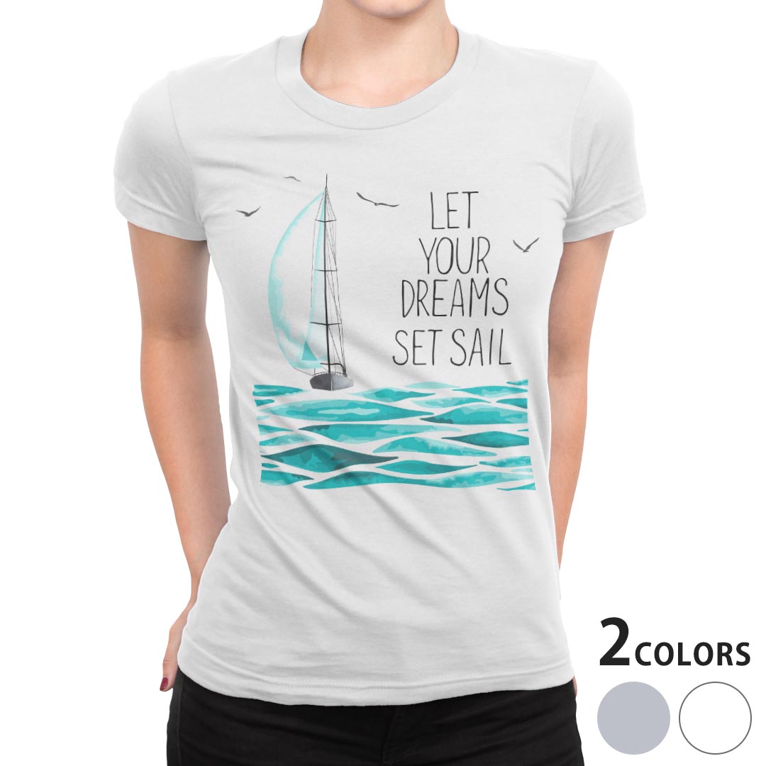 tシャツ レディース 半袖 白地 デザイン M L 白 ホワイト グレー Tシャツ ティーシャツ T shirt 014200 海 船 英語