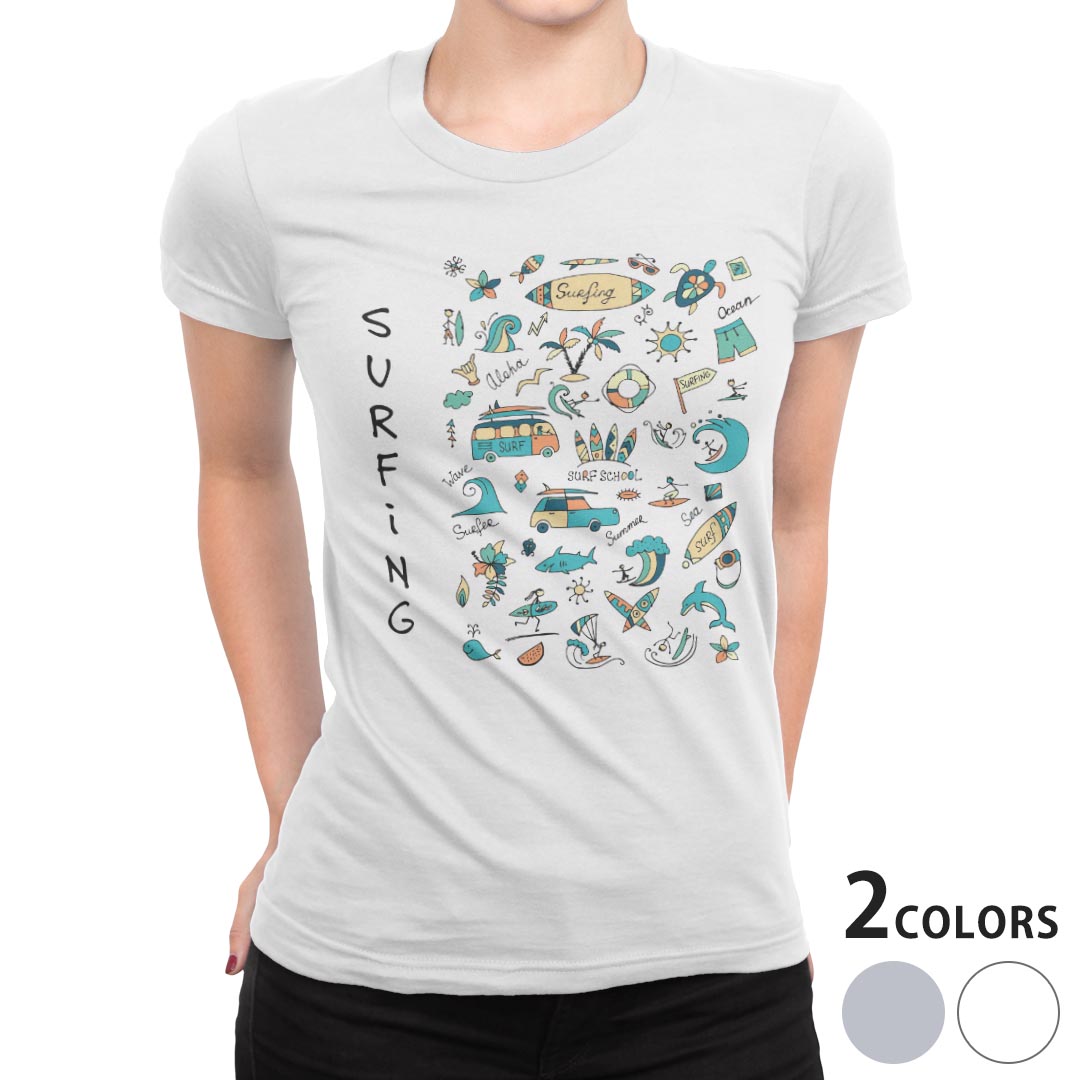 tシャツ レディース 半袖 白地 デザイン M L 白 ホワイト グレー Tシャツ ティーシャツ T shirt 014306 サーフィン 海 イルカ