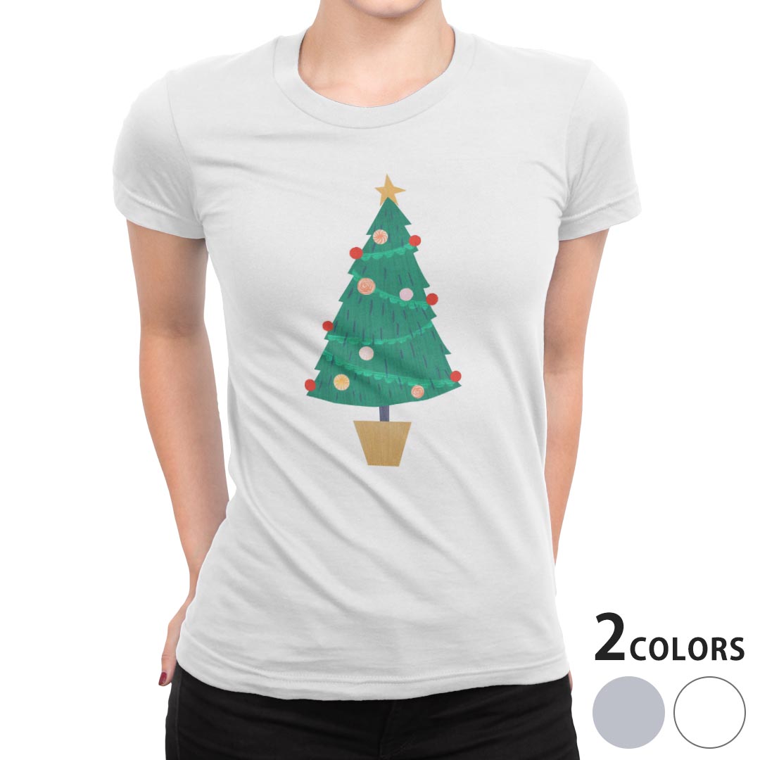 tシャツ レディース 半袖 白地 デザイン M L 白 ホワイト グレー Tシャツ ティーシャツ T shirt 014373 クリスマス ツリー