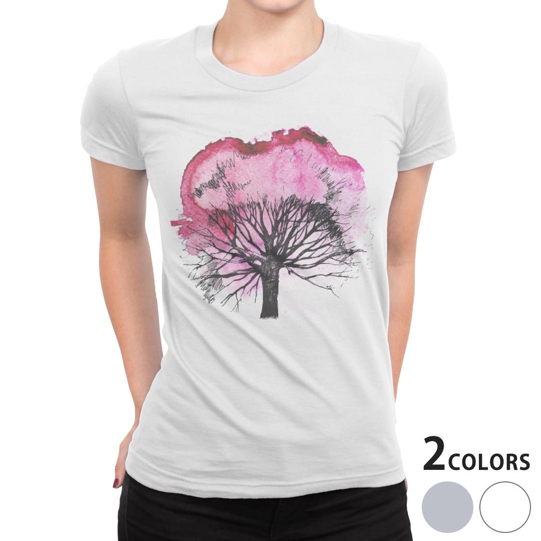 tシャツ レディース 半袖 白地 デザイン M L 白 ホワイト グレー Tシャツ ティーシャツ T shirt 014451 桜 木 色彩