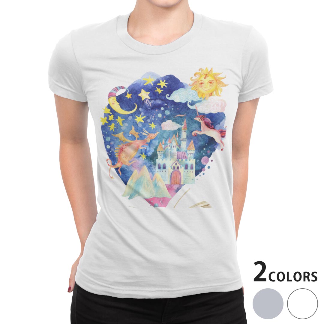 tシャツ レディース 半袖 白地 デザイン M L 白 ホワイト グレー Tシャツ ティーシャツ T shirt 014577 絵本 夜空 ユニコーン