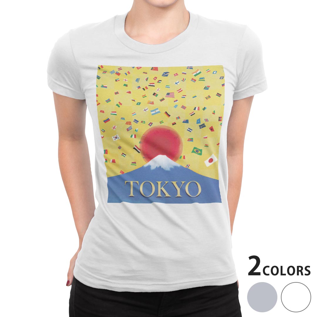 tシャツ レディース 半袖 白地 デザイン M L 白 ホワイト グレー Tシャツ ティーシャツ T shirt 014660 東京　富士山　国旗