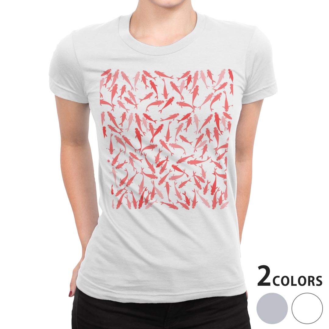 tシャツ レディース 半袖 白地 デザイン S M L XL Tシャツ ティーシャツ T shirt 014864 金魚　赤　魚　祭り